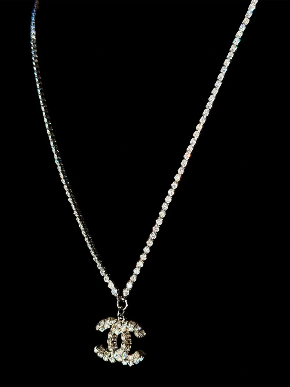 CHANEL Silver Crystal CC Pendant Tennis Chain Necklace